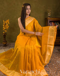 Mango Yellow Checks Pure Kanchipuram Silk Cotton Handloom Saree