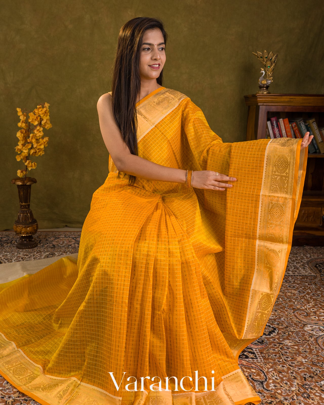 Mango Yellow Checks Pure Kanchipuram Silk Cotton Handloom Saree