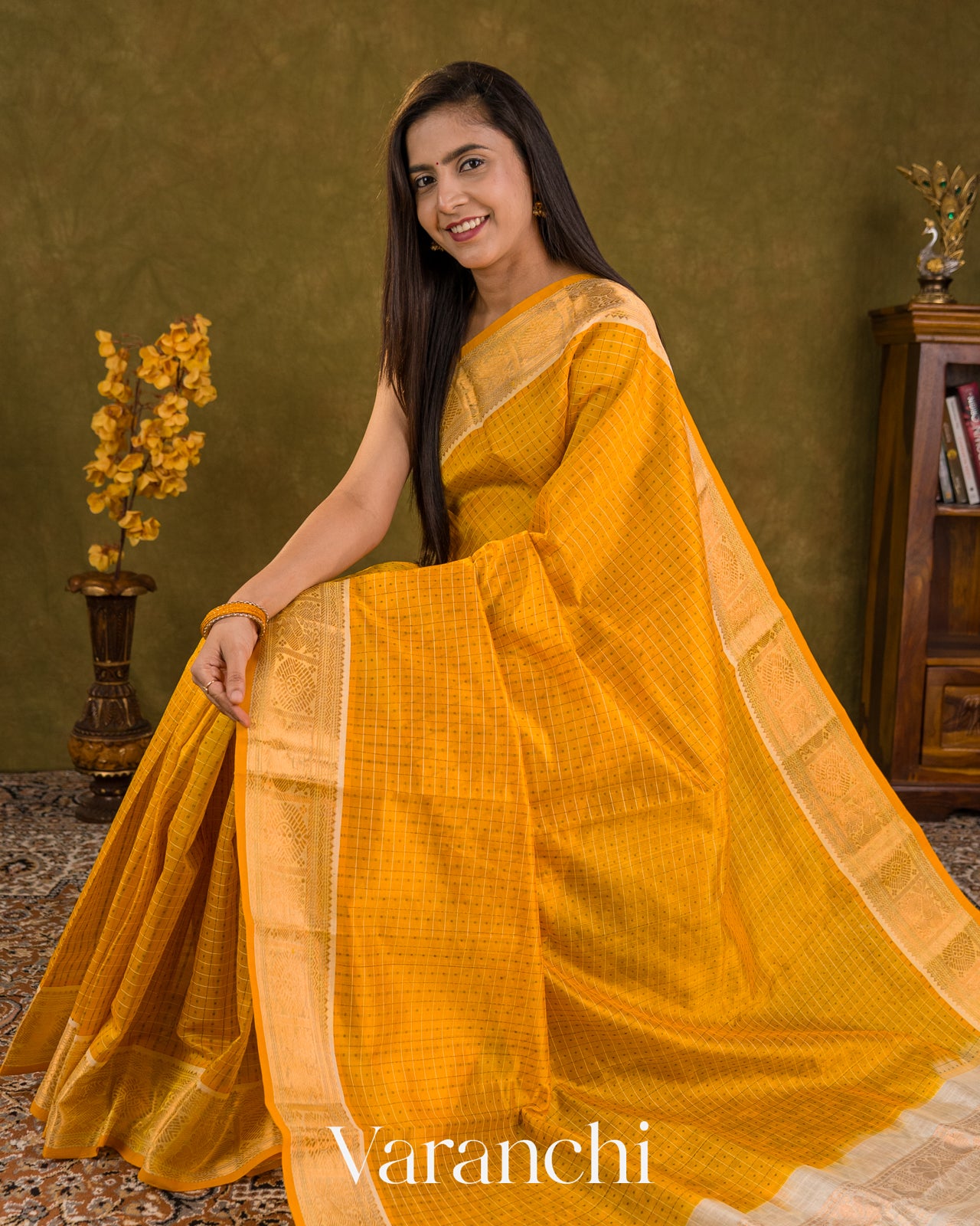 Mango Yellow Checks Pure Kanchipuram Silk Cotton Handloom Saree
