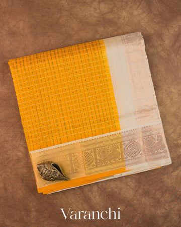 Mango Yellow Checks Pure Kanchipuram Silk Cotton Handloom Saree