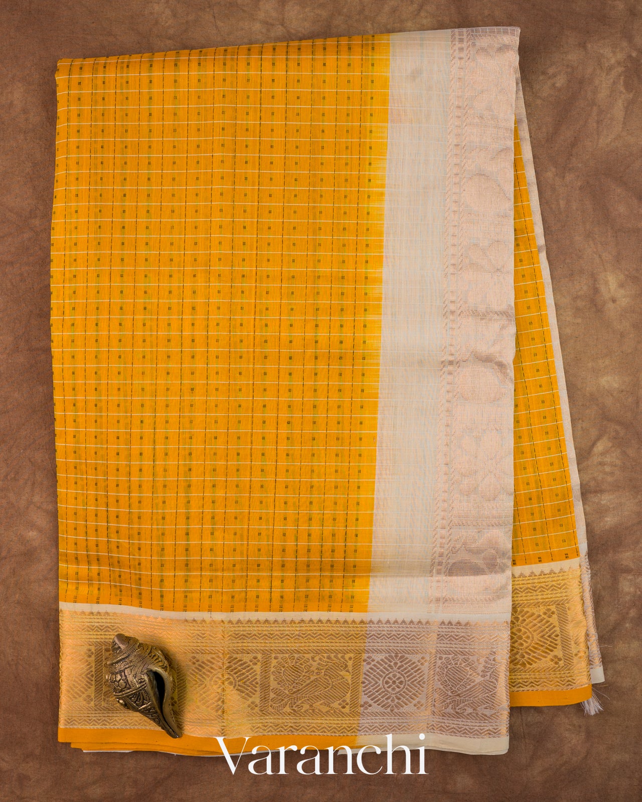 Mango Yellow Checks Pure Kanchipuram Silk Cotton Handloom Saree
