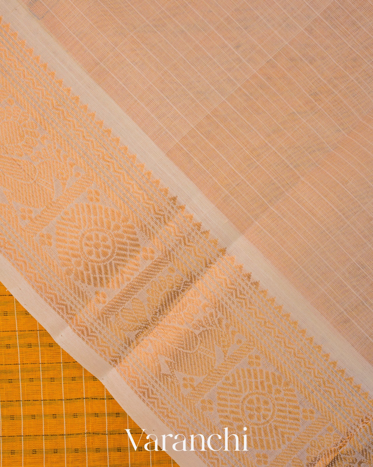 Mango Yellow Checks Pure Kanchipuram Silk Cotton Handloom Saree