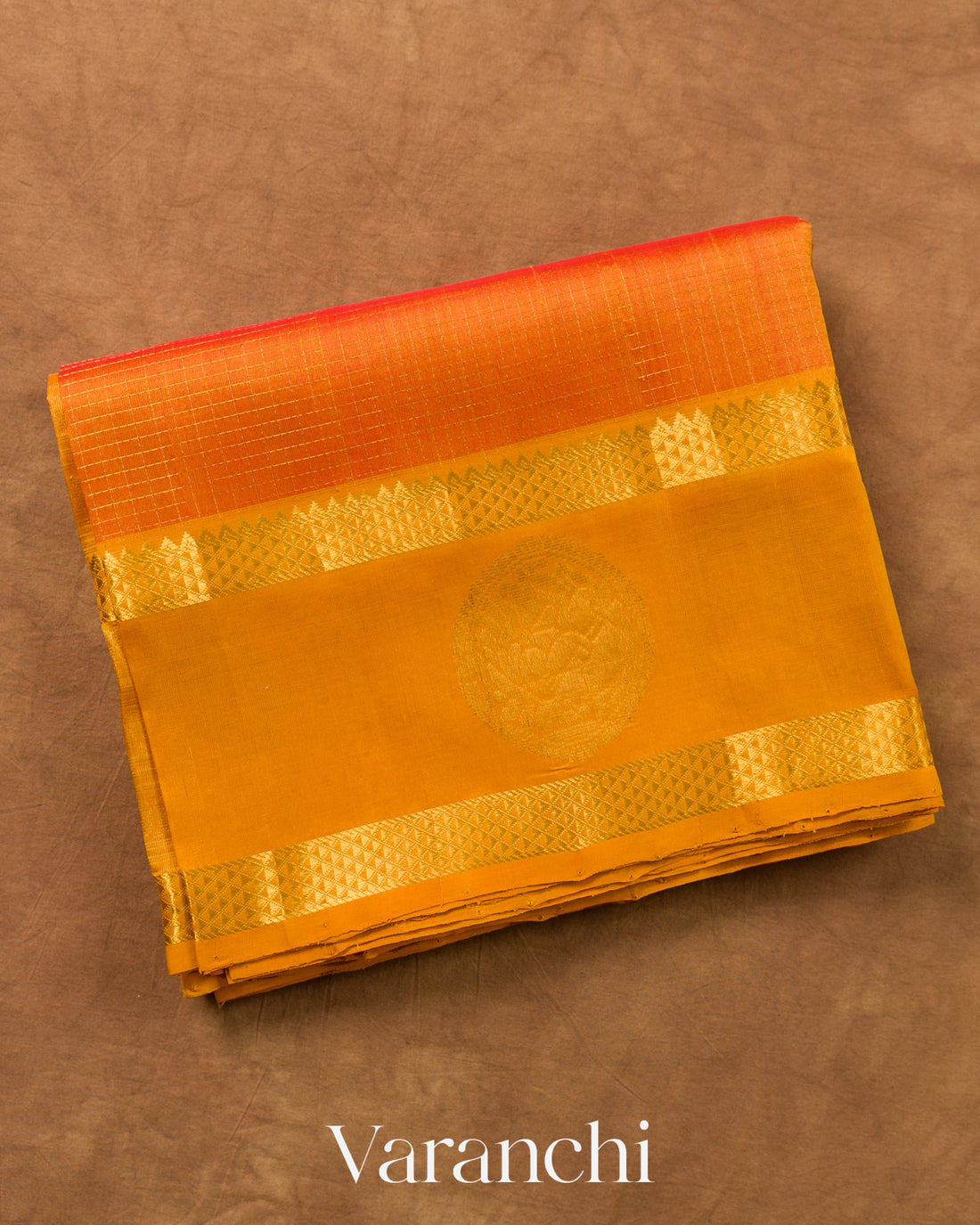 Turmeric Orange Checks Pure Kanchipuram Silk Cotton Handloom Saree