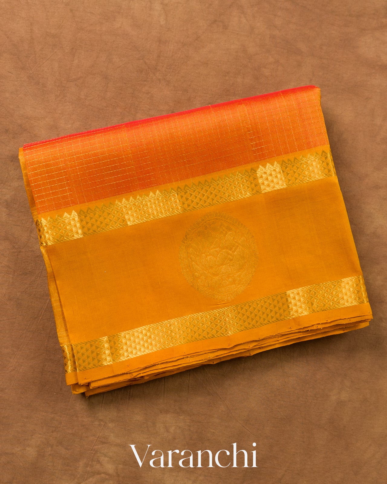 Turmeric Orange Checks Pure Kanchipuram Silk Cotton Handloom Saree