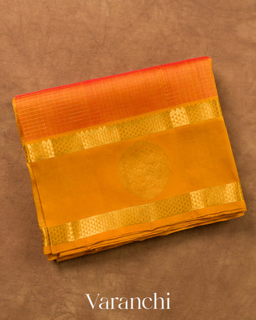 Turmeric Orange Checks Pure Kanchipuram Silk Cotton Handloom Saree