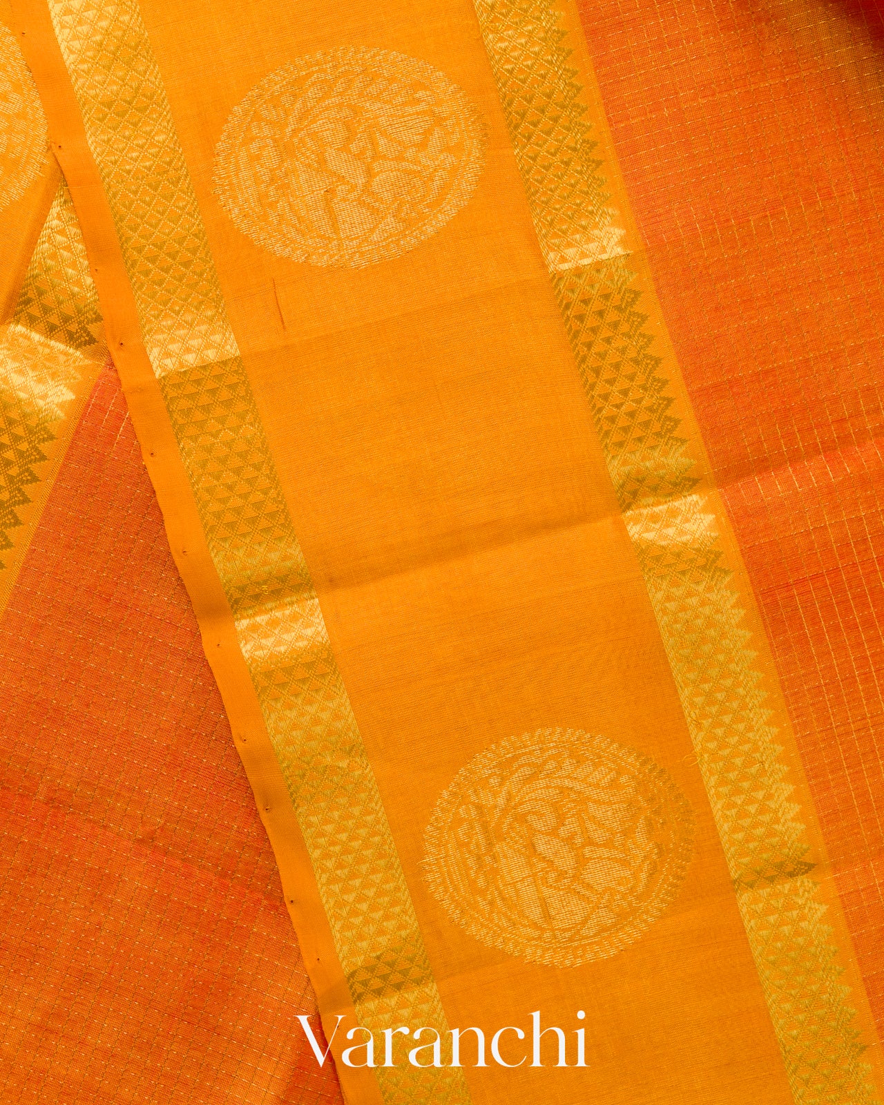 Turmeric Orange Checks Pure Kanchipuram Silk Cotton Handloom Saree