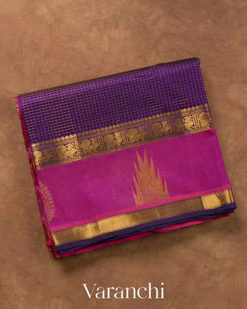 Purple Checks Pure Kanchipuram Silk Cotton Handloom Saree