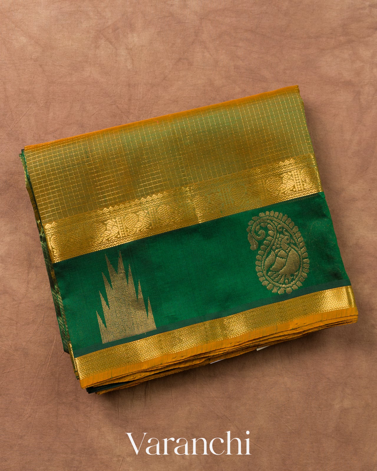 Golden Checks Pure Kanchipuram Silk Cotton Handloom Saree