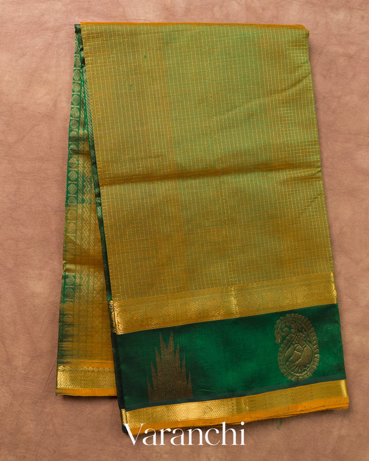 Golden Checks Pure Kanchipuram Silk Cotton Handloom Saree