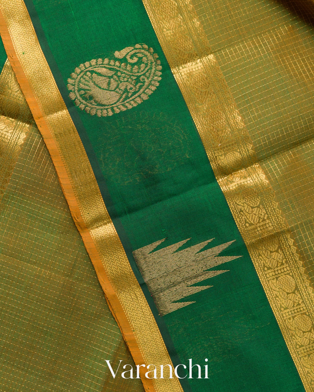 Golden Checks Pure Kanchipuram Silk Cotton Handloom Saree