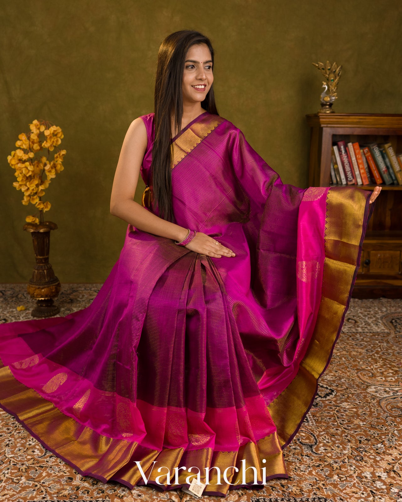 Purple Stried Pure Kanchipuram Silk Cotton Handloom Saree