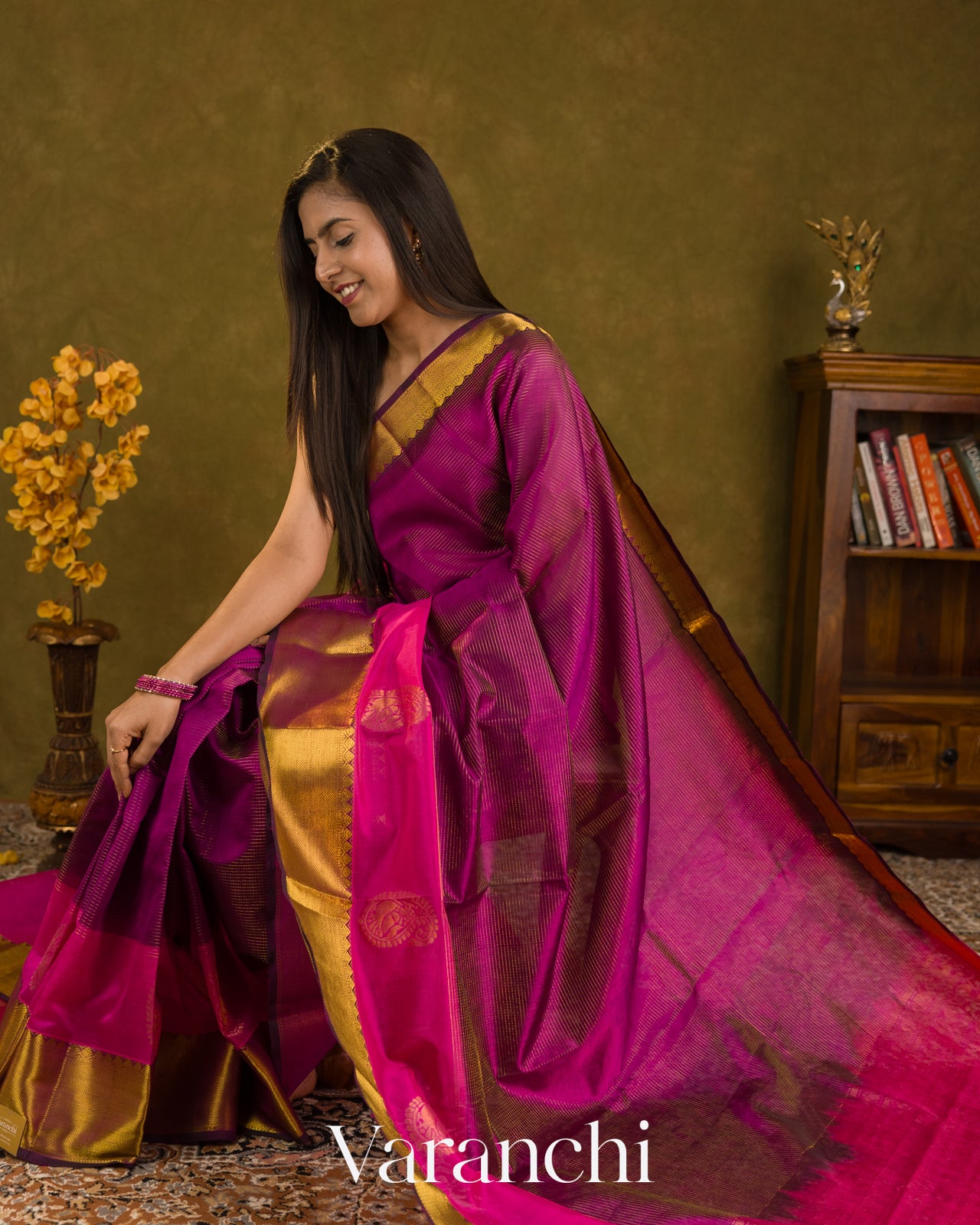 Purple Stried Pure Kanchipuram Silk Cotton Handloom Saree