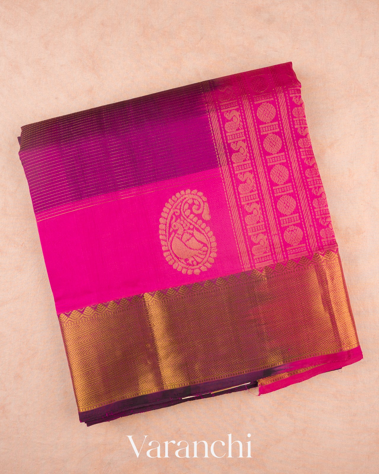 Purple Stried Pure Kanchipuram Silk Cotton Handloom Saree