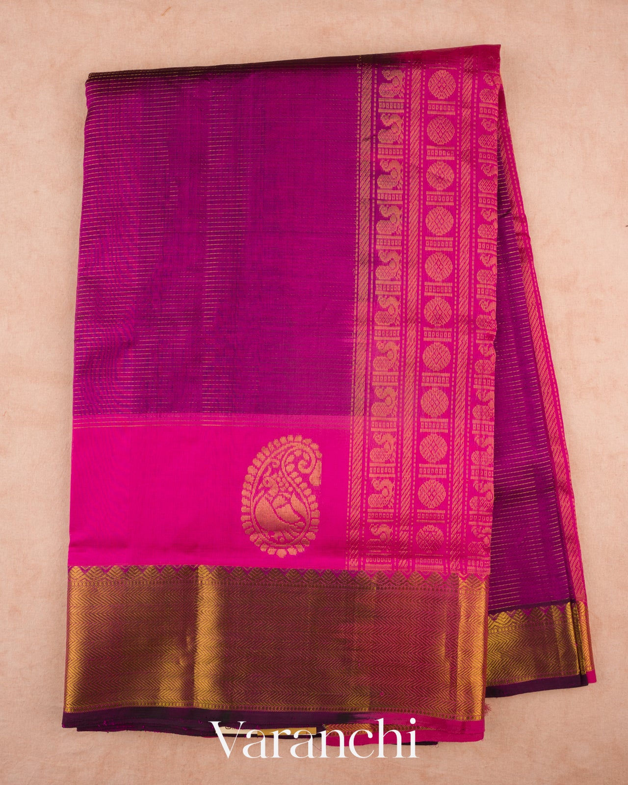 Purple Stried Pure Kanchipuram Silk Cotton Handloom Saree