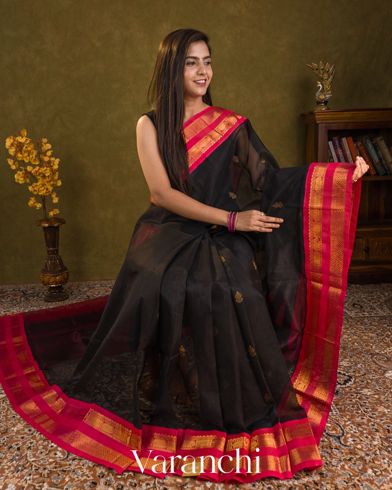 Jet Black Pure Kanchipuram Silk Cotton Handloom Saree