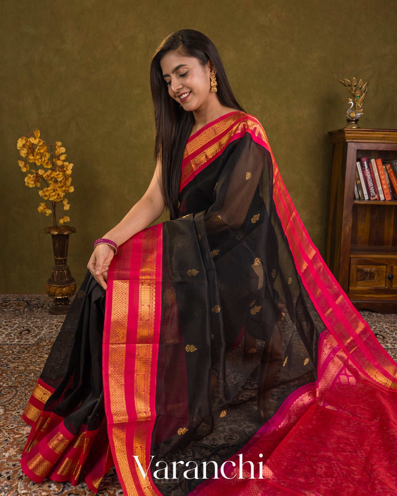 Jet Black Pure Kanchipuram Silk Cotton Handloom Saree