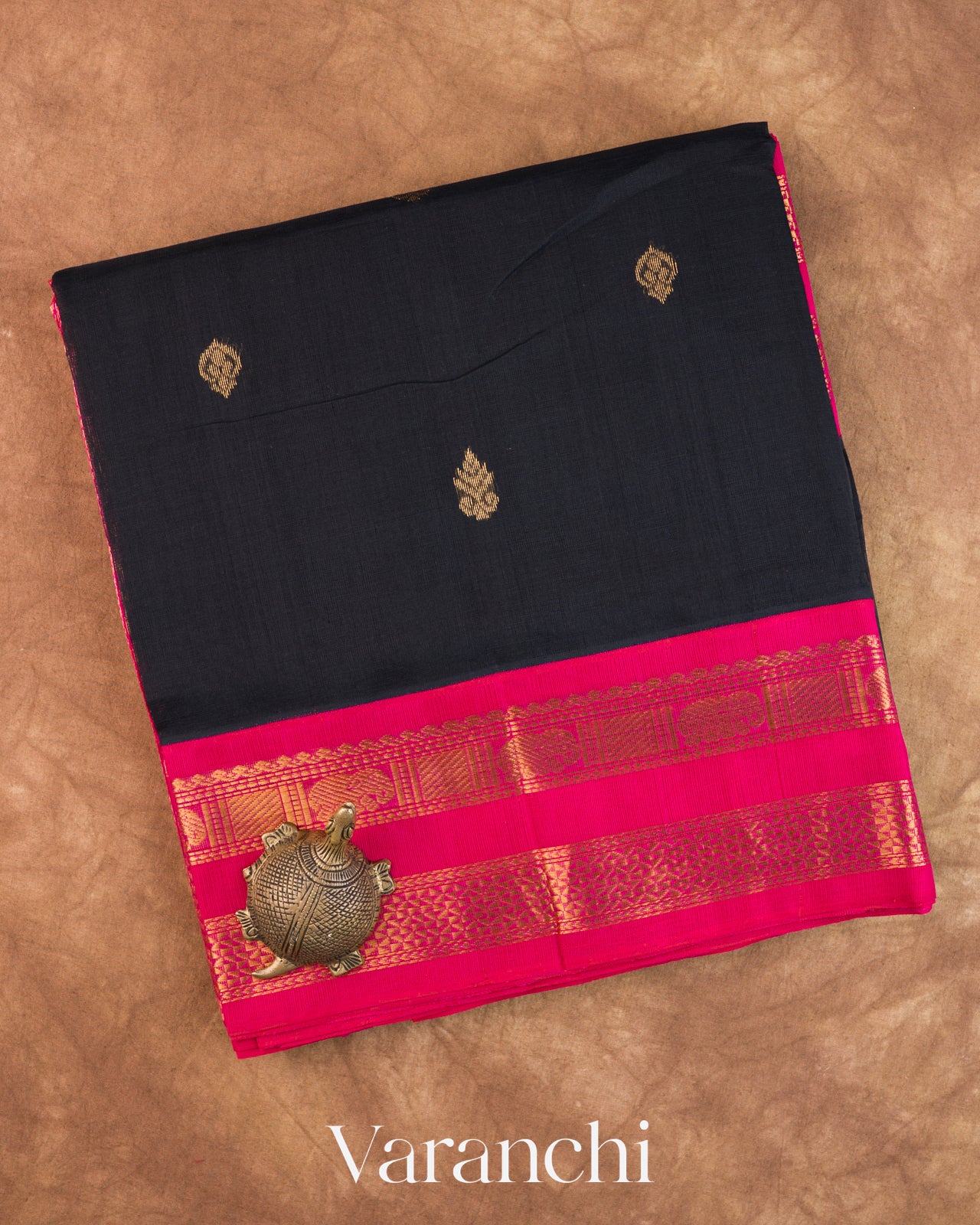 Jet Black Pure Kanchipuram Silk Cotton Handloom Saree