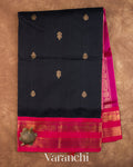 Jet Black Pure Kanchipuram Silk Cotton Handloom Saree