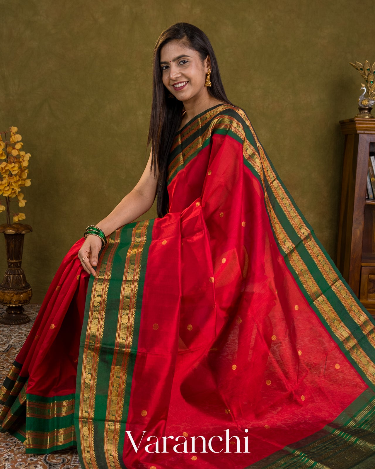 Crimson Red Pure Kanchipuram Silk Cotton Handloom Saree