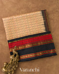 Beige Checkered Pure Kanchipuram Silk Cotton Handloom Saree