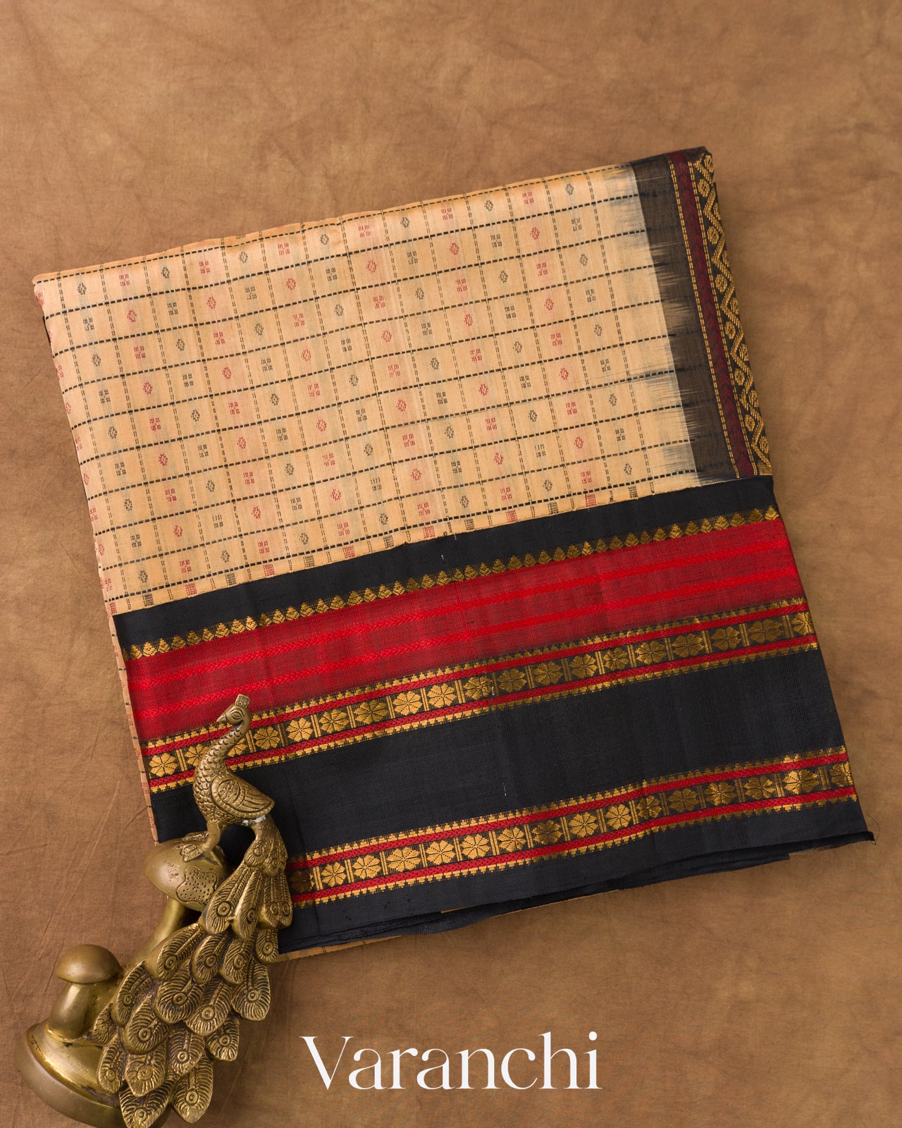 Beige Checkered Pure Kanchipuram Silk Cotton Handloom Saree