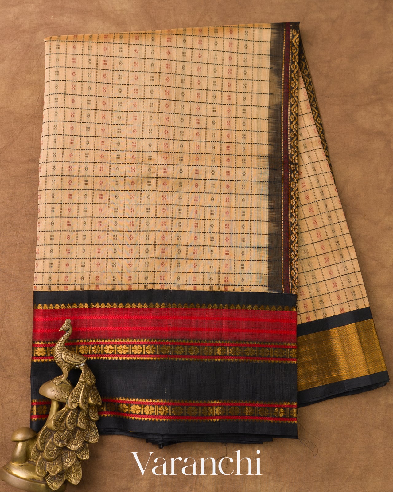 Beige Checkered Pure Kanchipuram Silk Cotton Handloom Saree