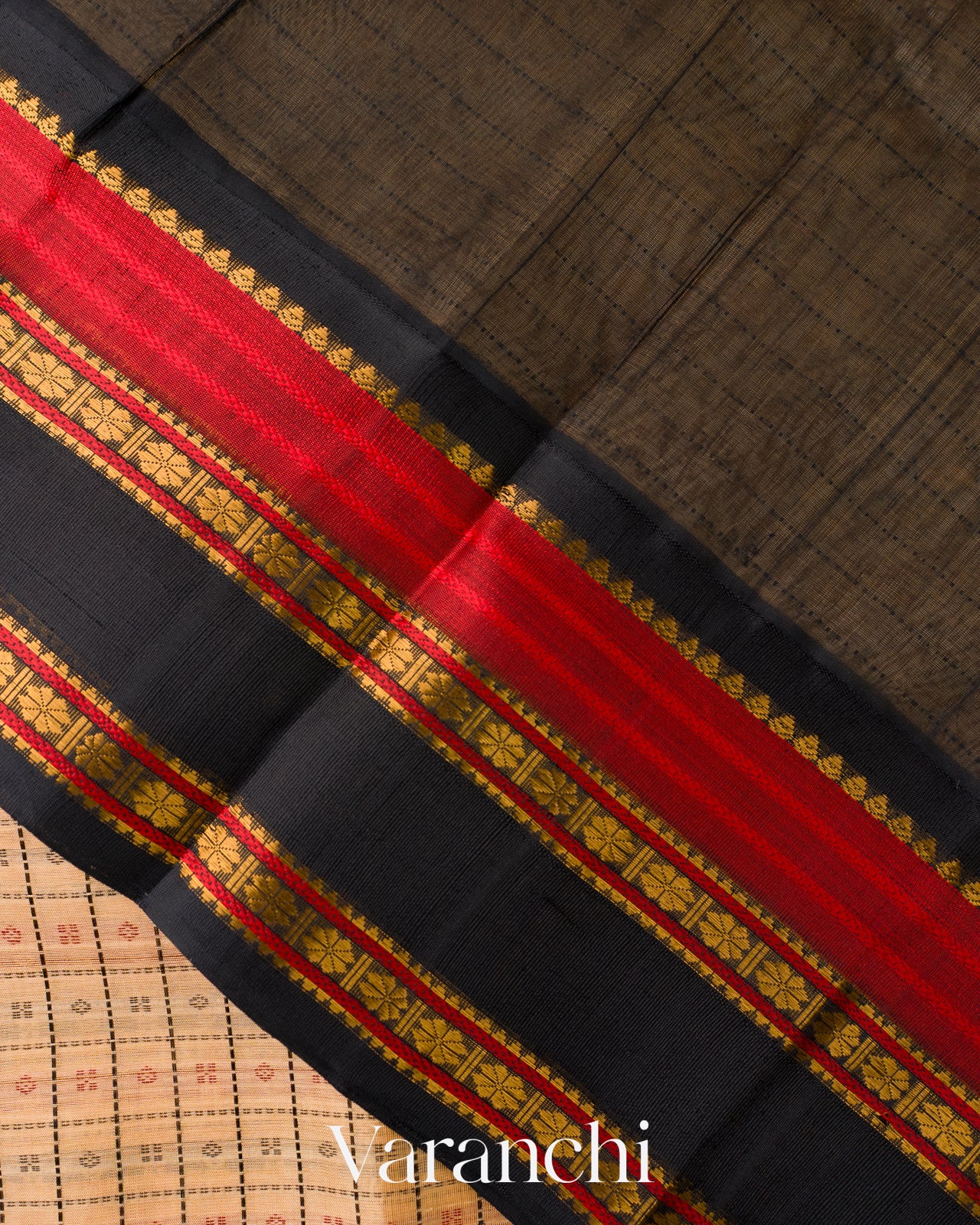 Beige Checkered Pure Kanchipuram Silk Cotton Handloom Saree