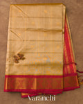Beige Checkered Pure Kanchipuram Silk Cotton Handloom Saree