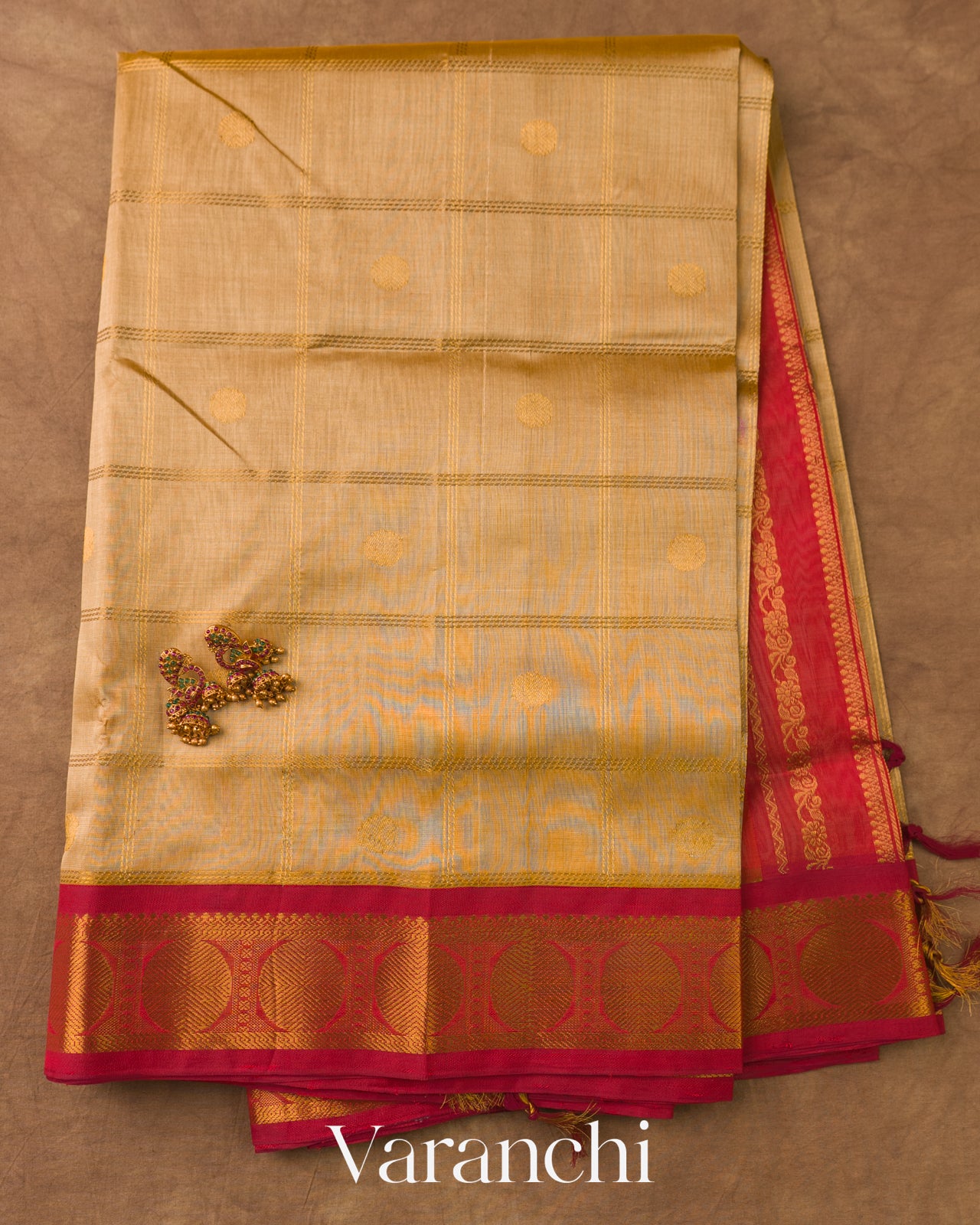 Beige Checkered Pure Kanchipuram Silk Cotton Handloom Saree