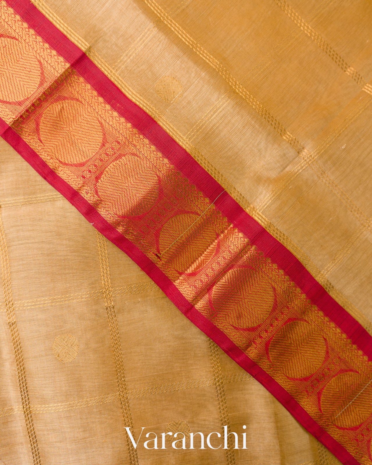 Beige Checkered Pure Kanchipuram Silk Cotton Handloom Saree