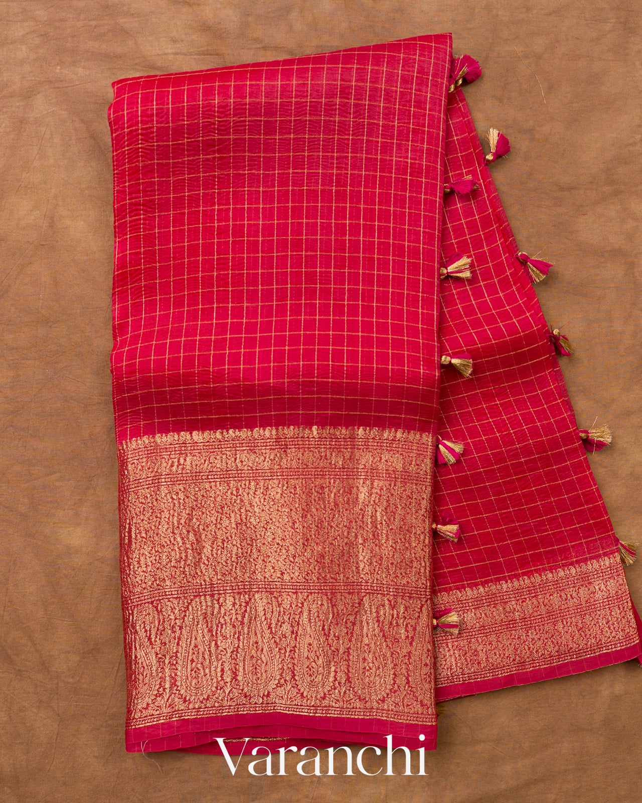 Rani Pink Checked Pure Kora Silk Saree