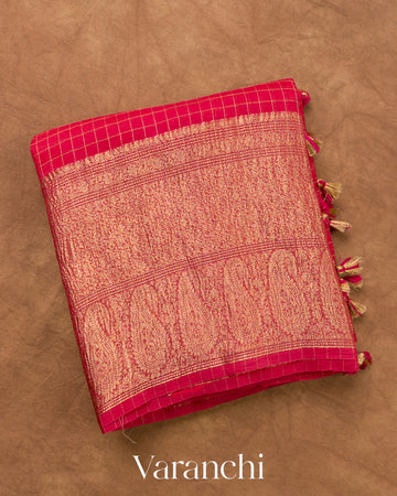 Reddish Pink Checks Pure Crush Kora Silk Saree