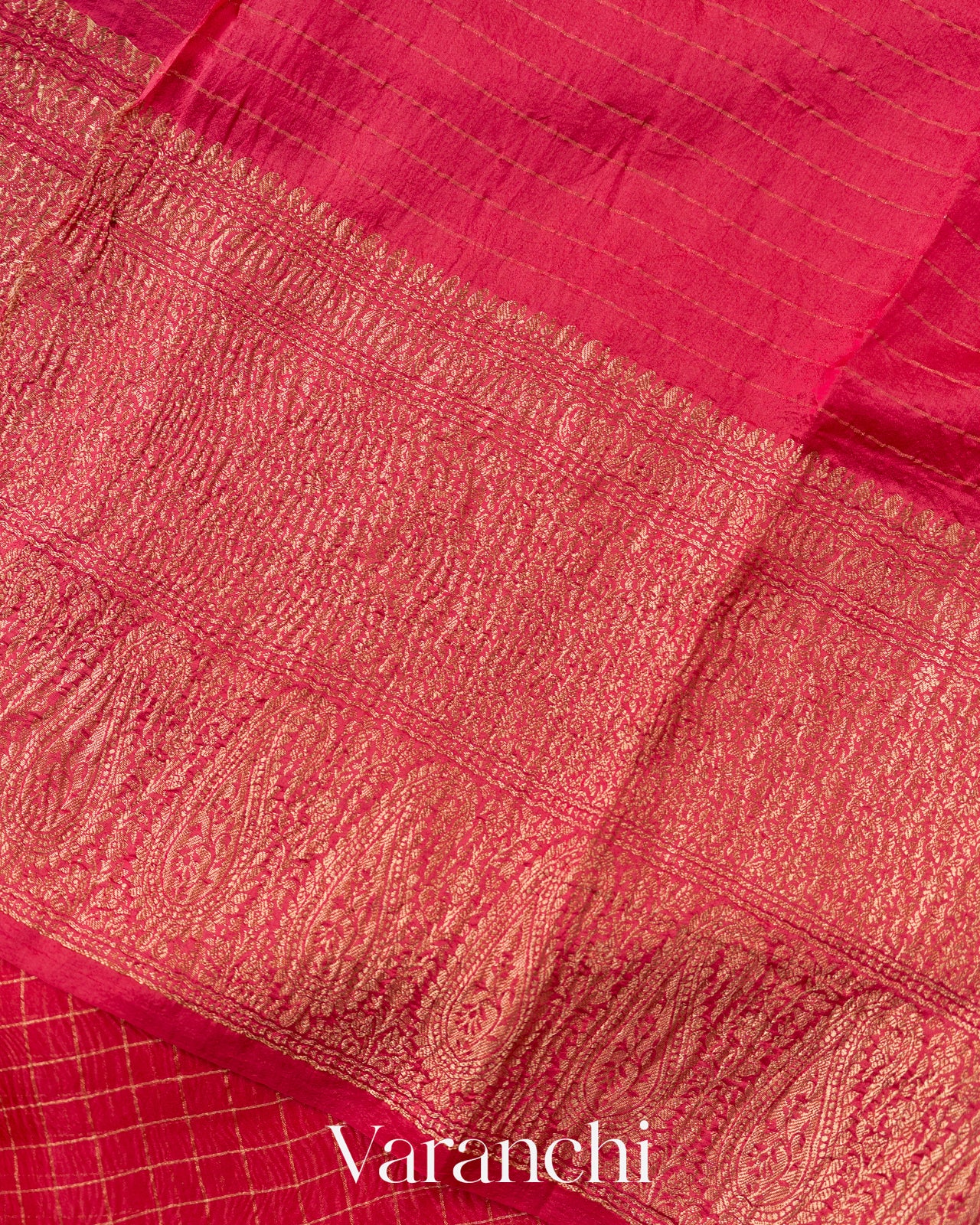 Rani Pink Checked Pure Kora Silk Saree