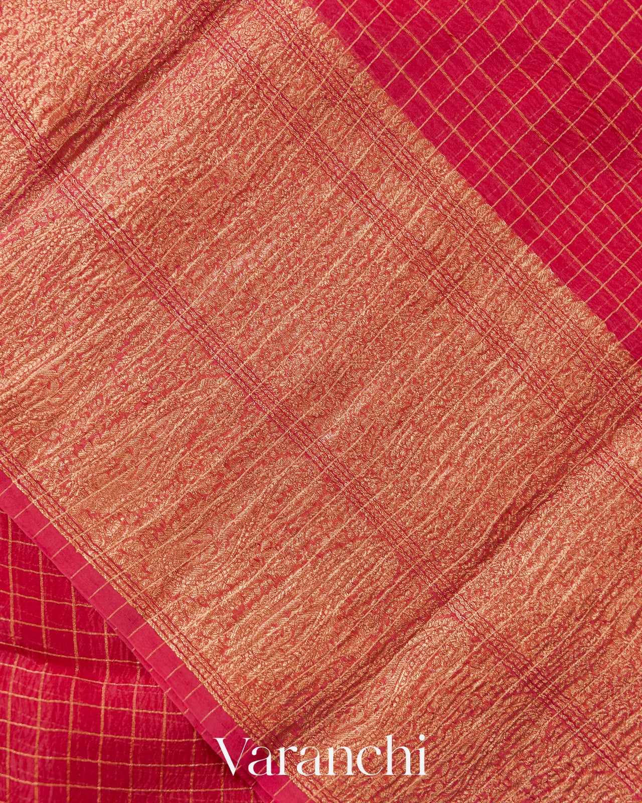 Rani Pink Checked Pure Kora Silk Saree