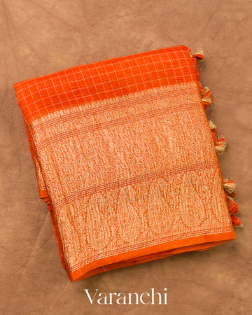 Bright Orange Checks Pure Crush Kora Silk Saree