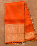 Tangerine Checked Pure Kora Silk Saree