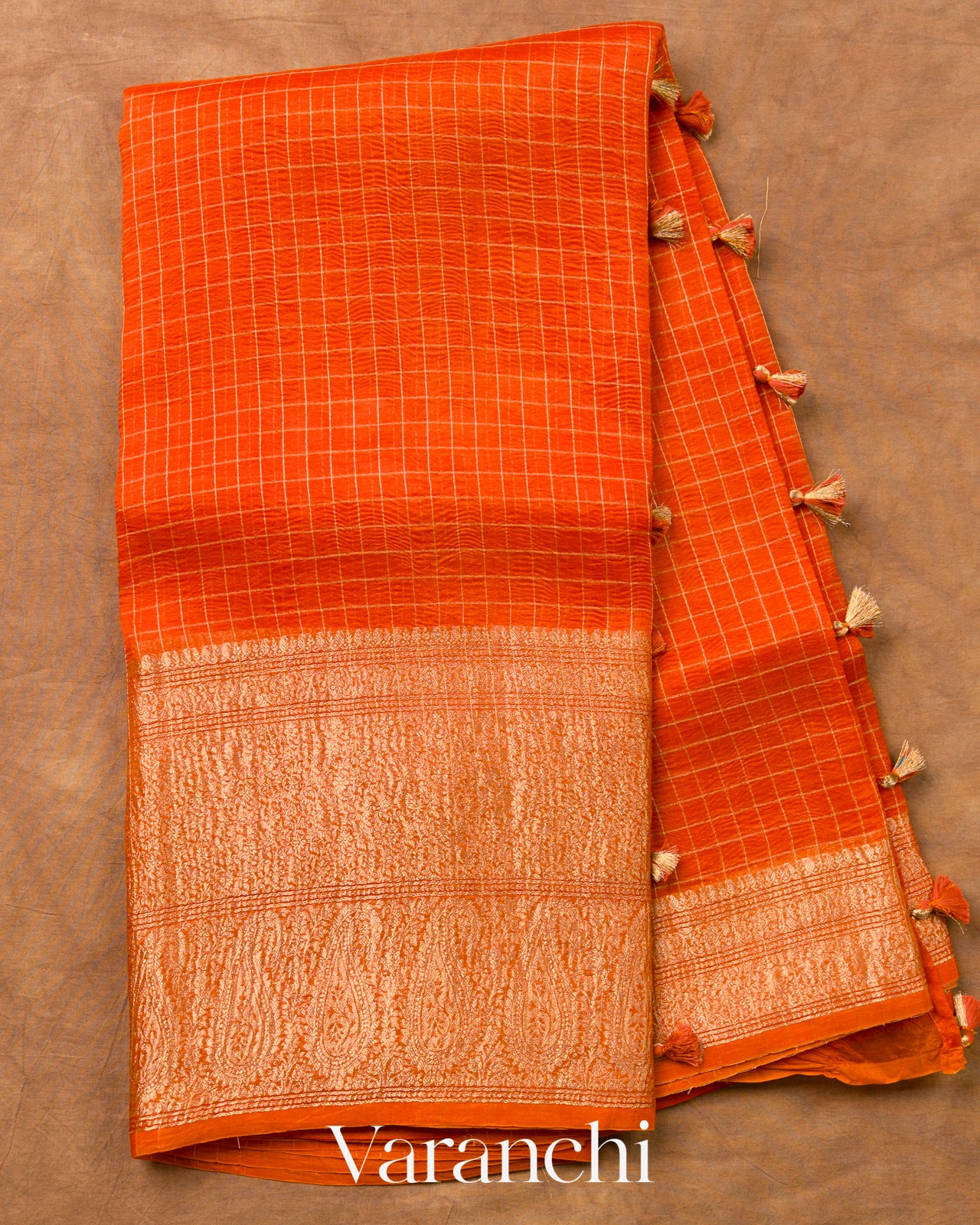 Tangerine Checked Pure Kora Silk Saree