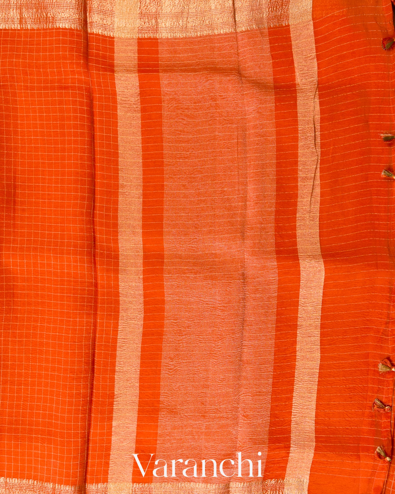 Tangerine Checked Pure Kora Silk Saree
