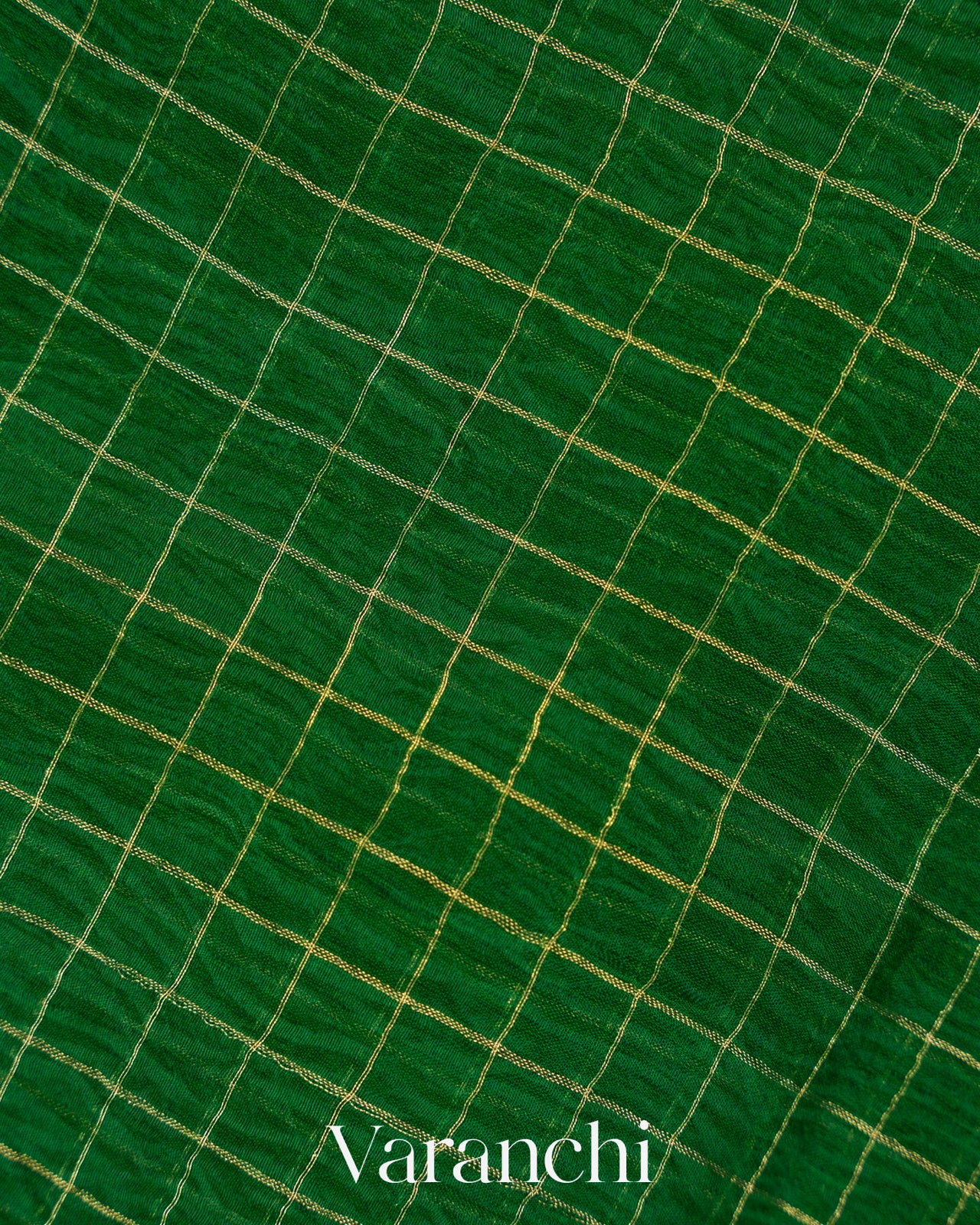 Emerald Green Checked Pure Kora Silk Saree