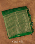 Emerald Green Checked Pure Kora Silk Saree