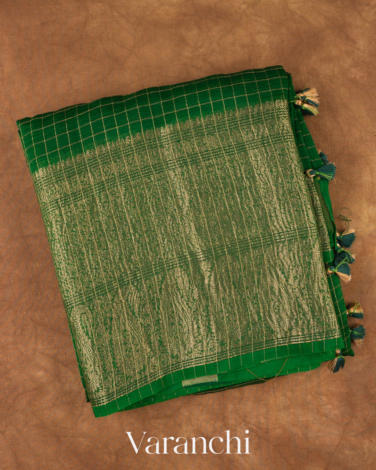Emerald Green Checked Pure Kora Silk Saree