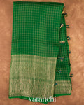 Emerald Green Checked Pure Kora Silk Saree
