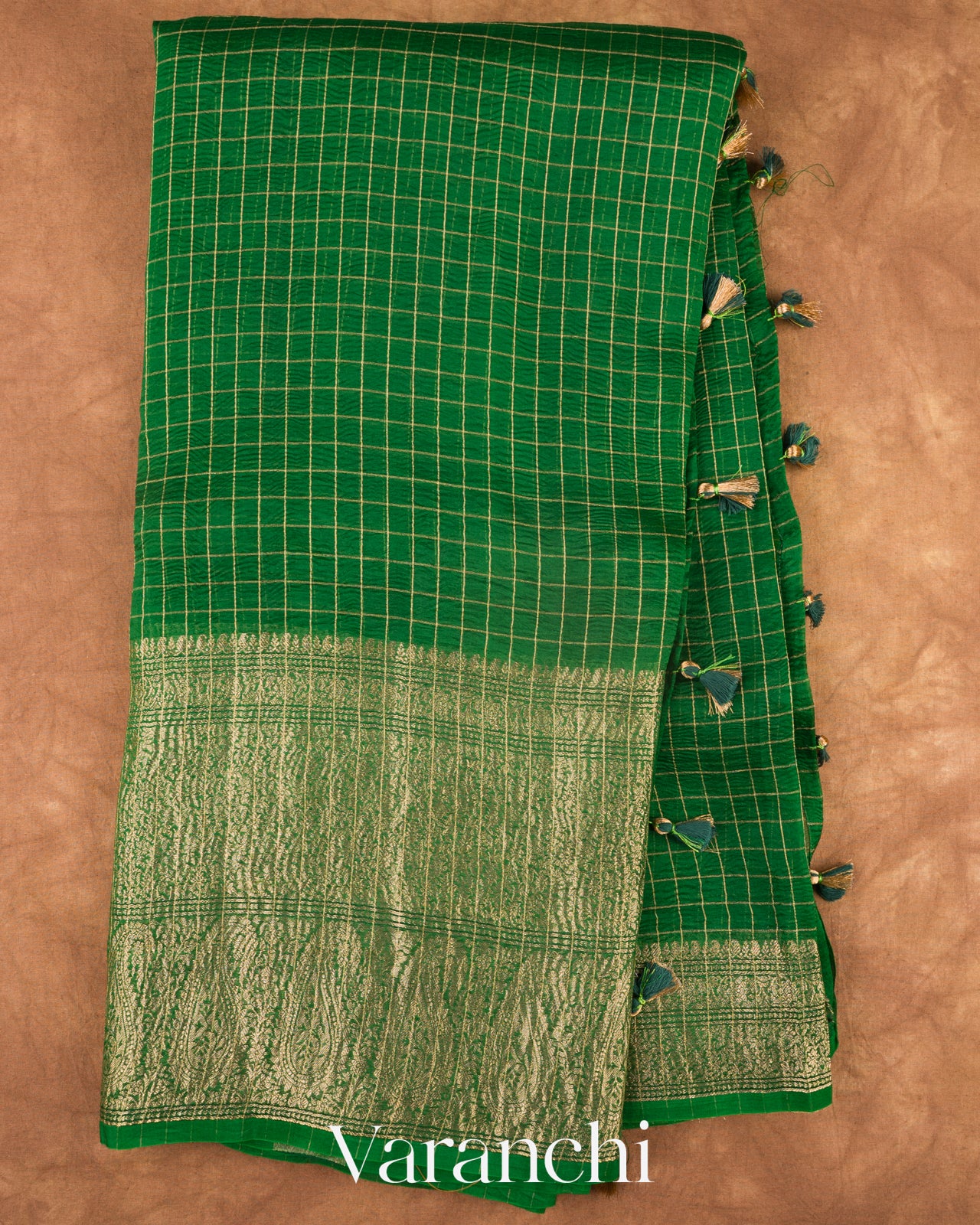Emerald Green Checked Pure Kora Silk Saree