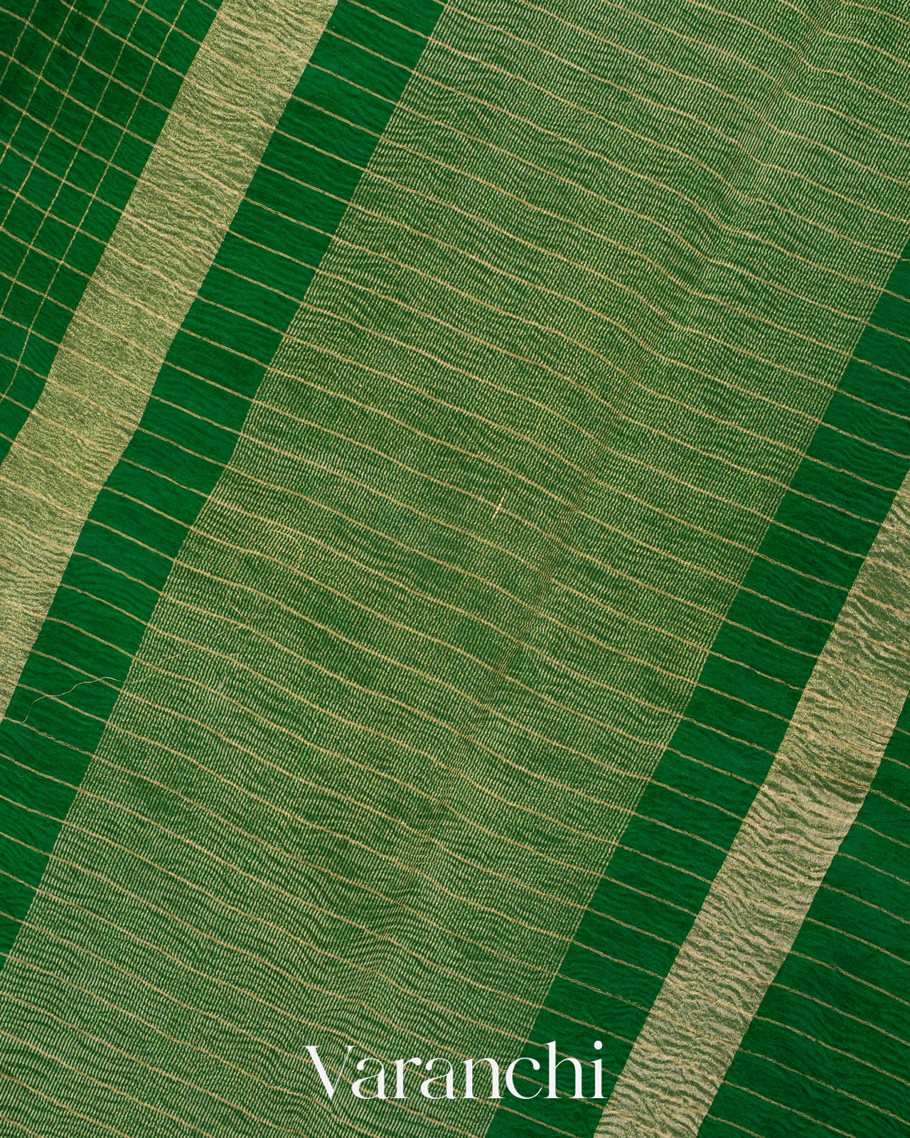 Emerald Green Checked Pure Kora Silk Saree