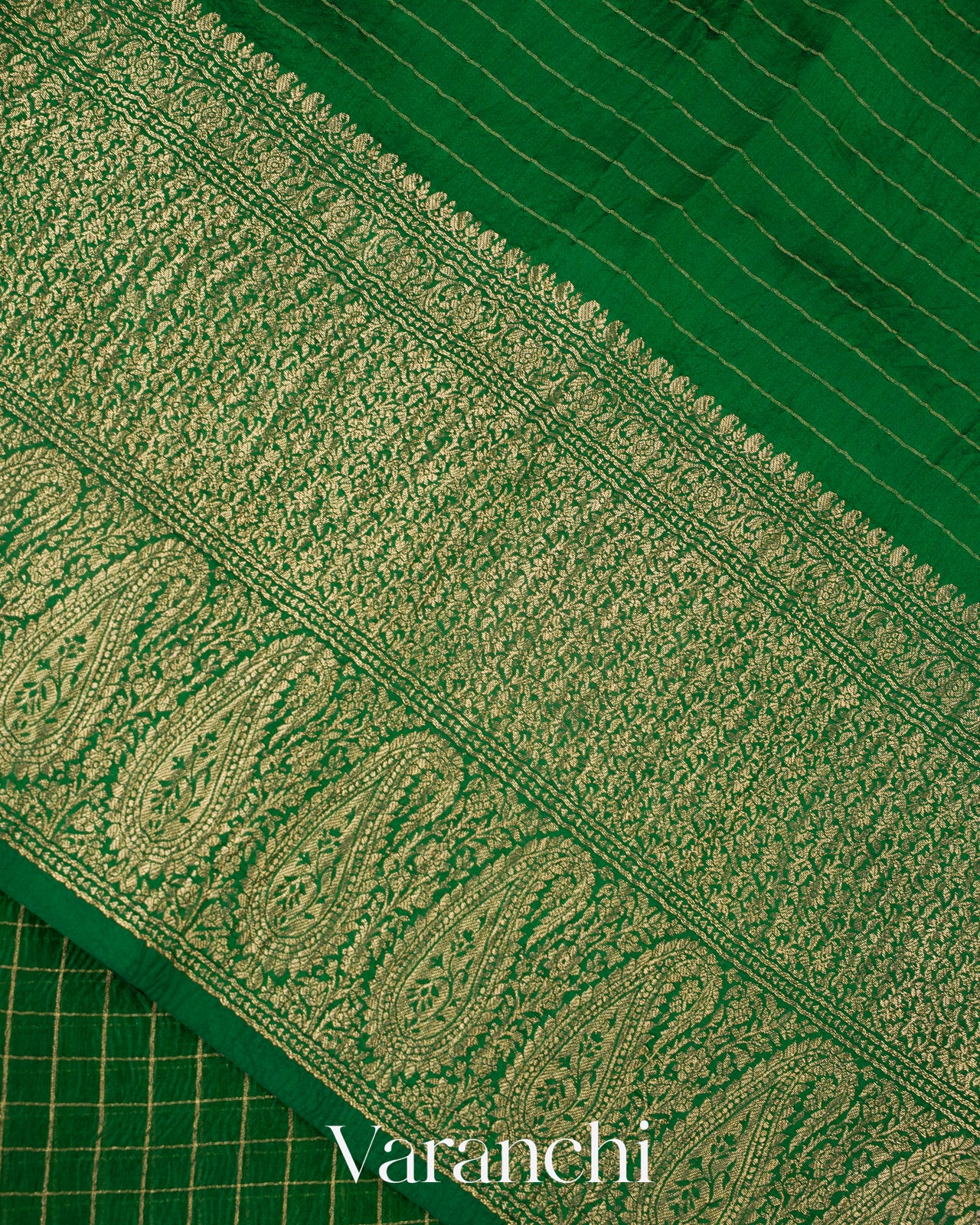 Emerald Green Checked Pure Kora Silk Saree
