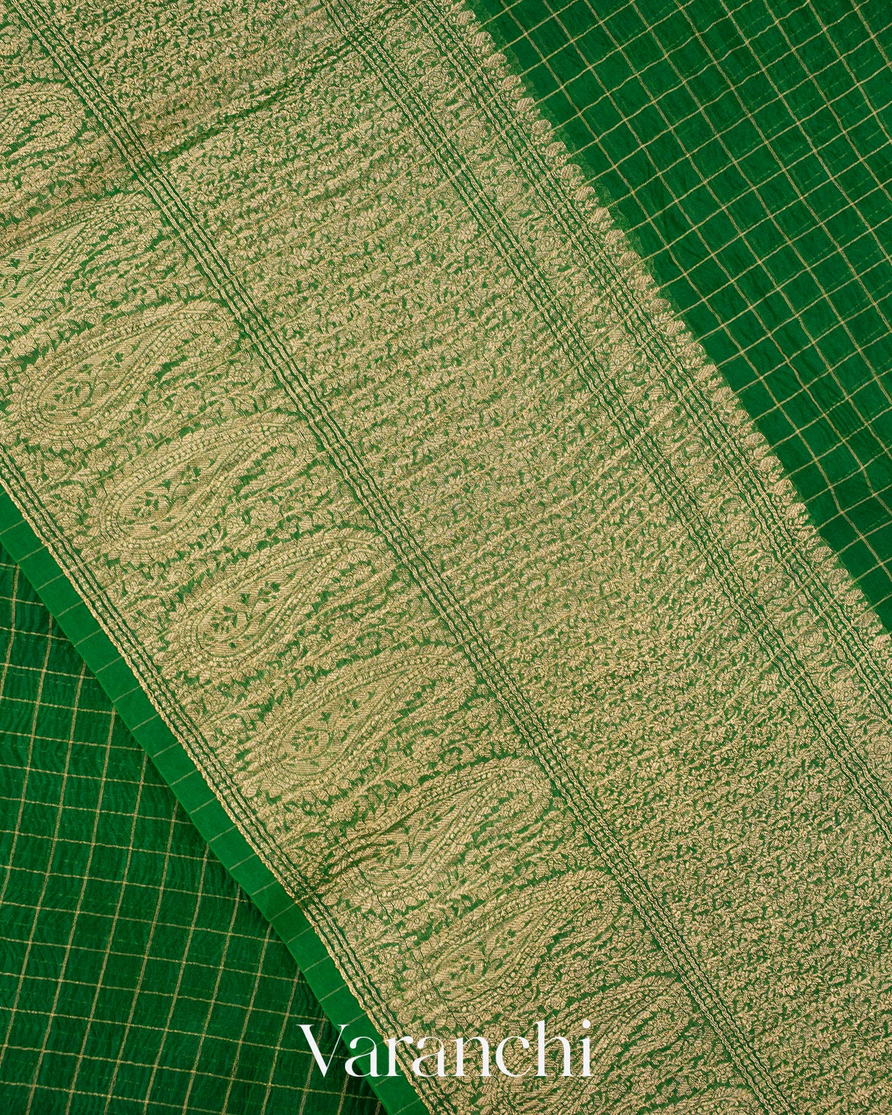 Emerald Green Checked Pure Kora Silk Saree
