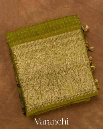 Mehendi Green Checks Pure Crush Kora Silk Saree