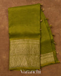 Mehendi Green Checked Pure Kora Silk Saree