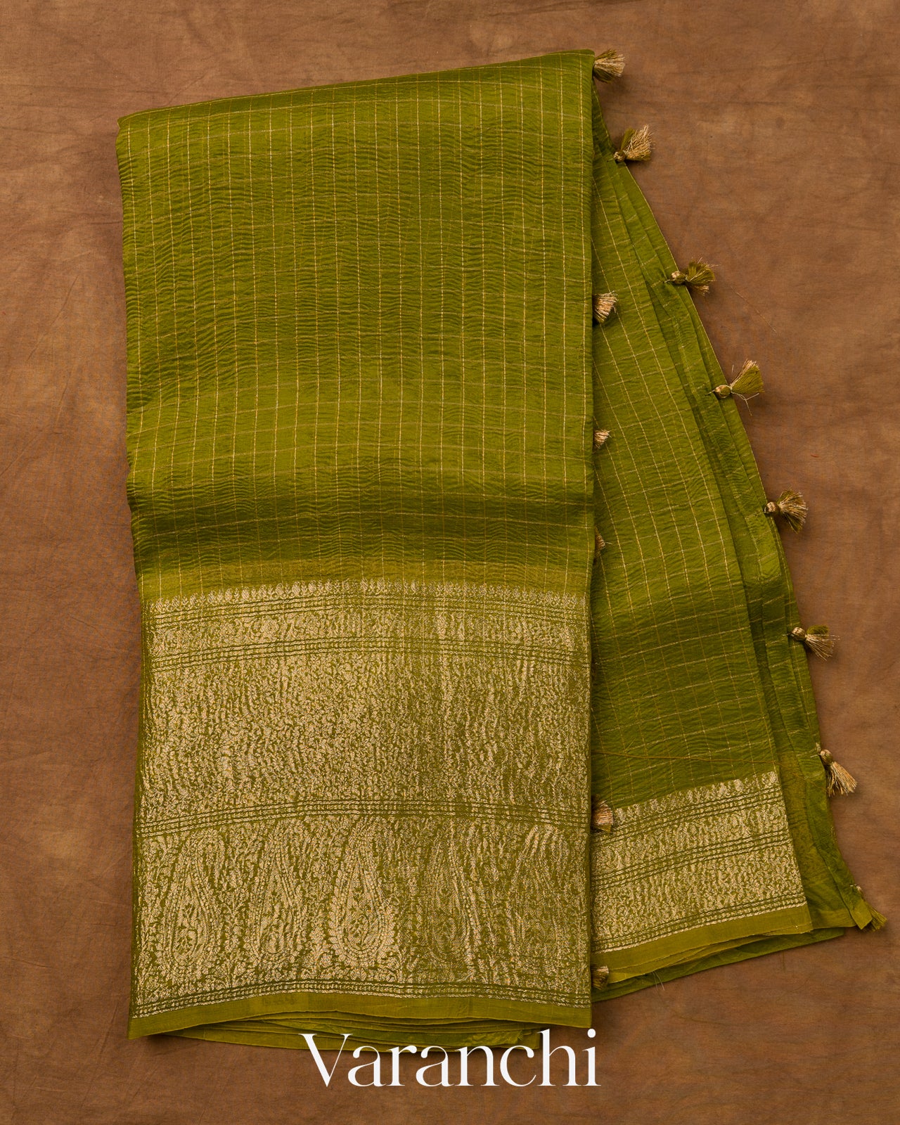 Mehendi Green Checked Pure Kora Silk Saree
