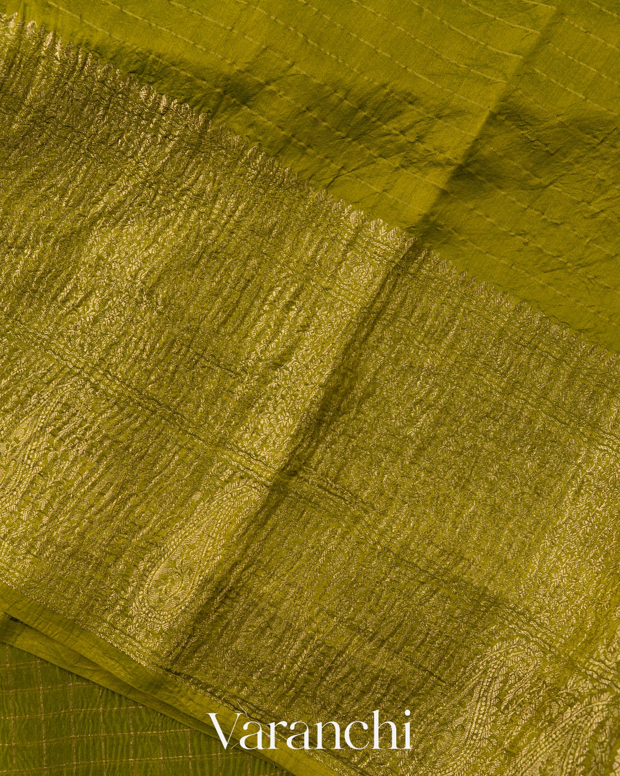 Mehendi Green Checked Pure Kora Silk Saree